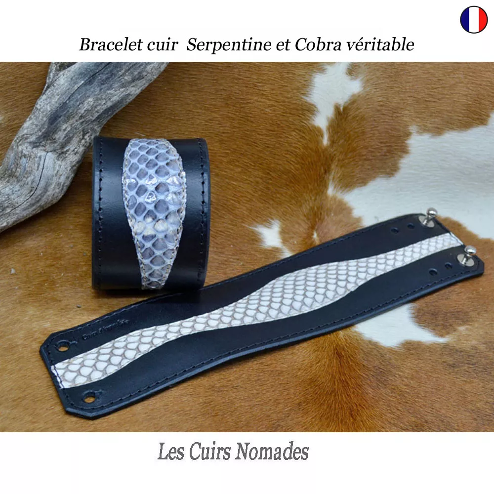Bracelet cuir luxe 5 cm Serpentine avec Cobra véritable