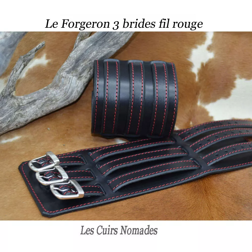 Bracelet de force cuir LE FORGERON 3 brides - Noir/Fil rouge 🇫🇷