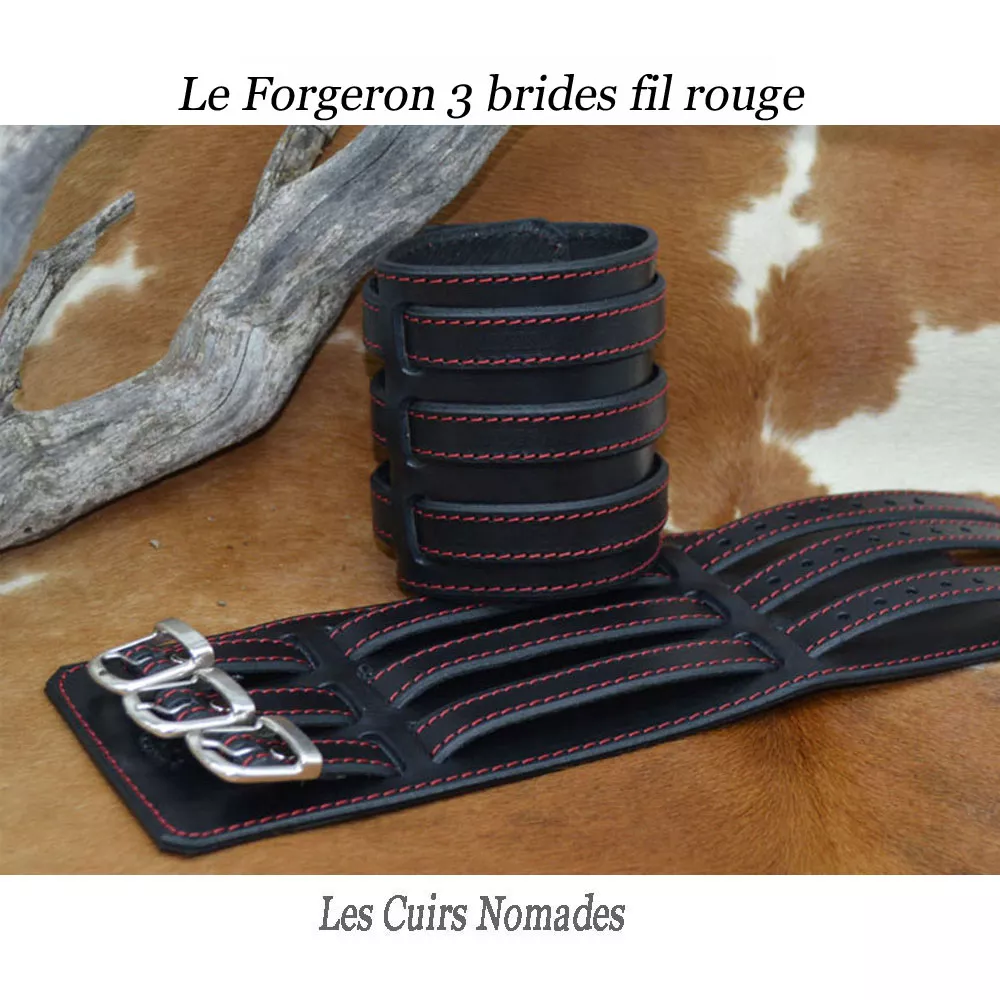 Bracelet de force cuir LE FORGERON 3 brides - Noir/Fil rouge 🇫🇷 – Image 2