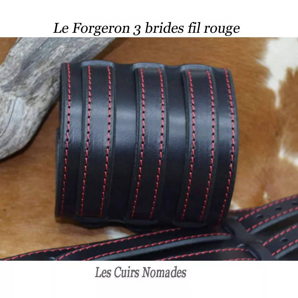 Bracelet de force cuir LE FORGERON 3 brides - Noir/Fil rouge 🇫🇷 – Image 3