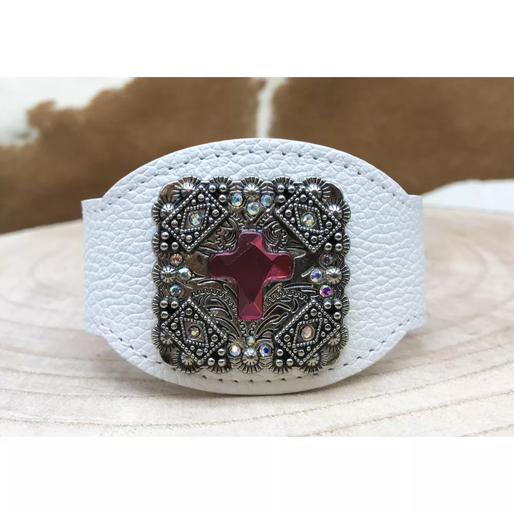 Manchette cuir blanc LA CROIX cristal Swarovski