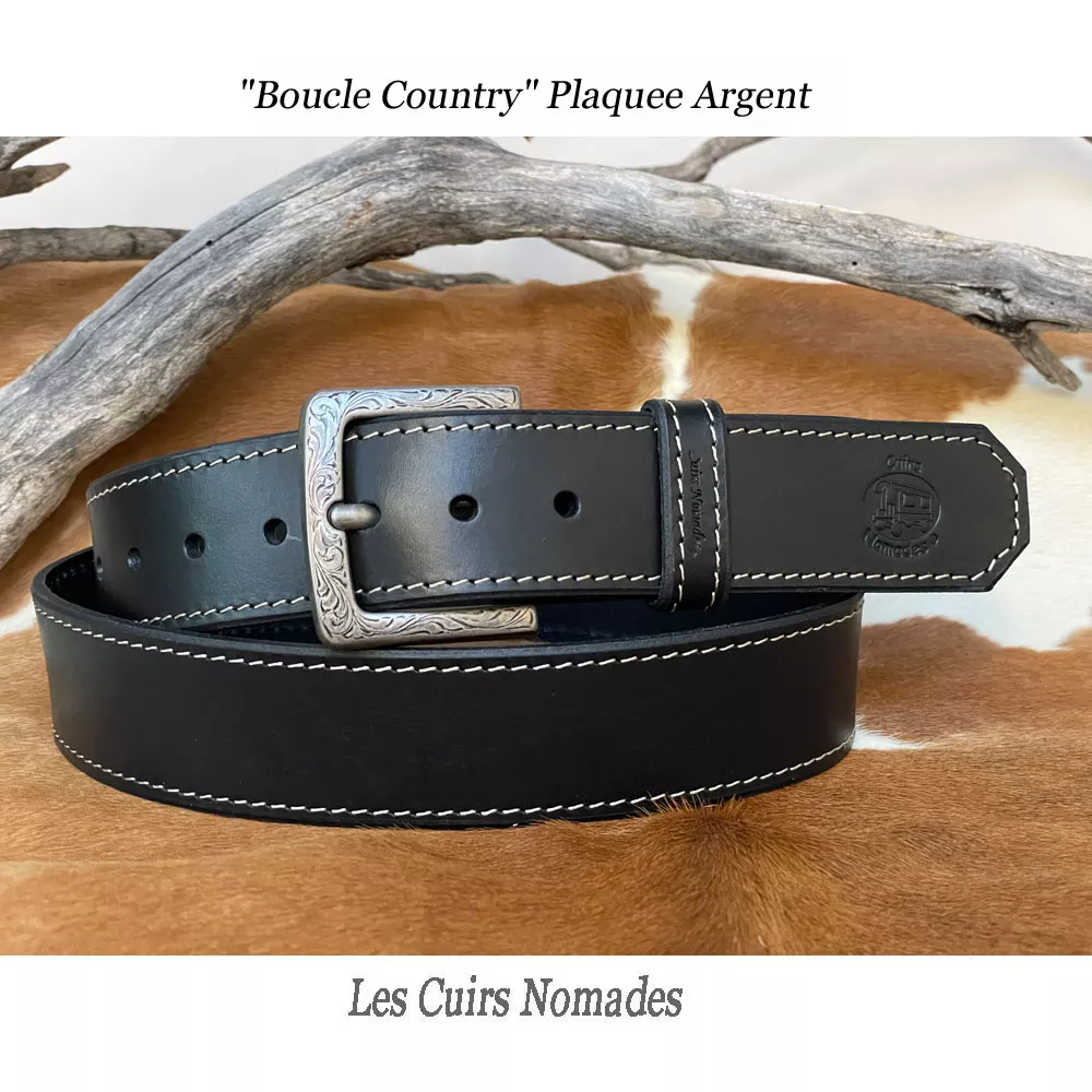 Ceinture cuir largeur 3,8cm Boucle COUNTRY Plaquée Argent 🇫🇷 – Image 2