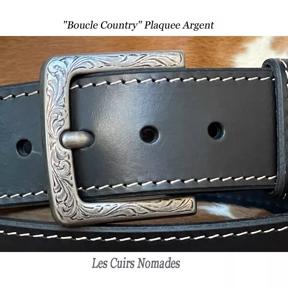 Ceinture cuir largeur 3,8cm Boucle COUNTRY Plaquée Argent 🇫🇷