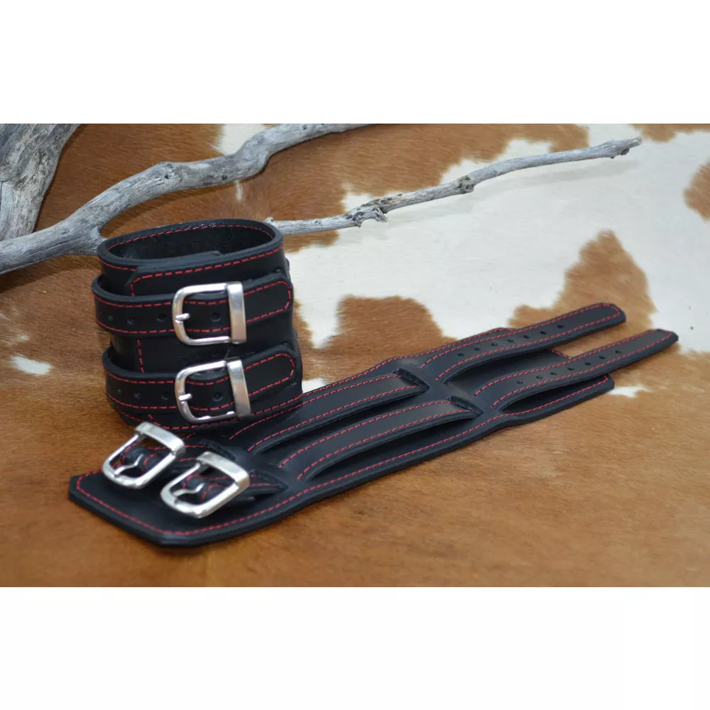 Bracelet de force cuir LE FORGERON 2 brides-Noir/Fil rouge 🇫🇷 – Image 2
