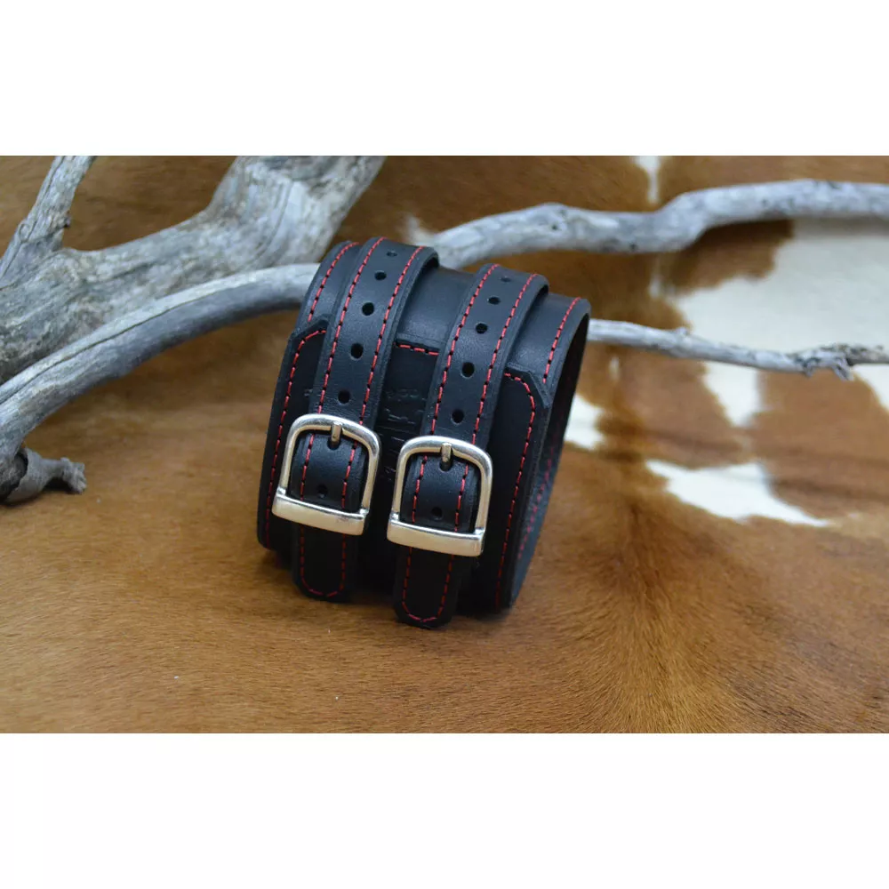Bracelet de force cuir LE FORGERON 2 brides-Noir/Fil rouge 🇫🇷 – Image 3