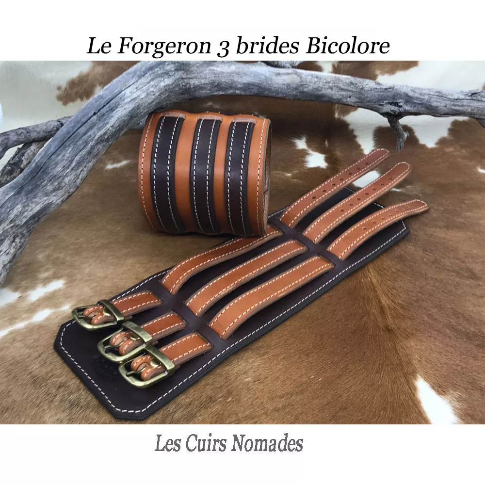 Bracelet de force cuir  LE FORGERON 3 brides - Marron/MarronFoncé 🇫🇷