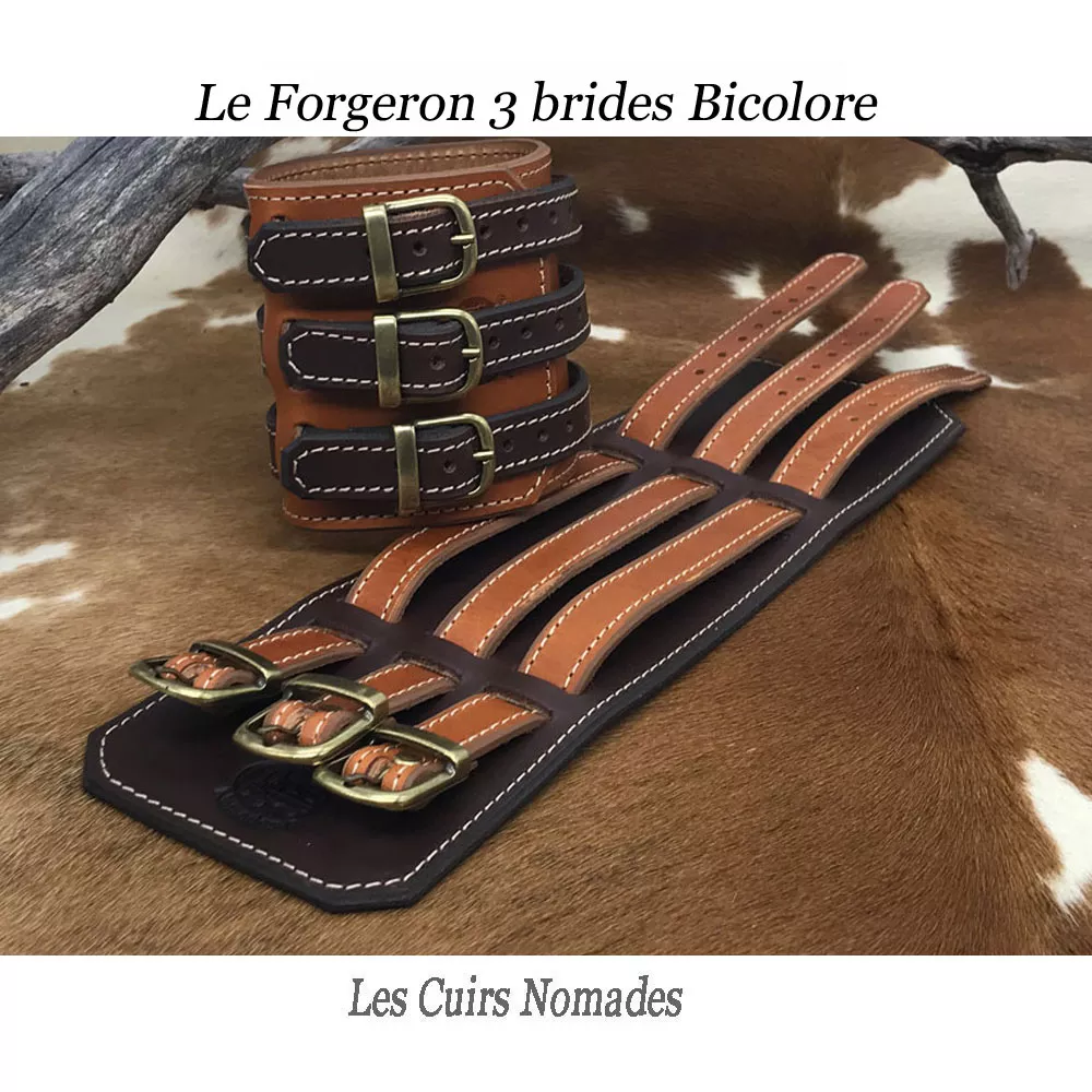 Bracelet de force cuir  LE FORGERON 3 brides - Marron/MarronFoncé 🇫🇷 – Image 2