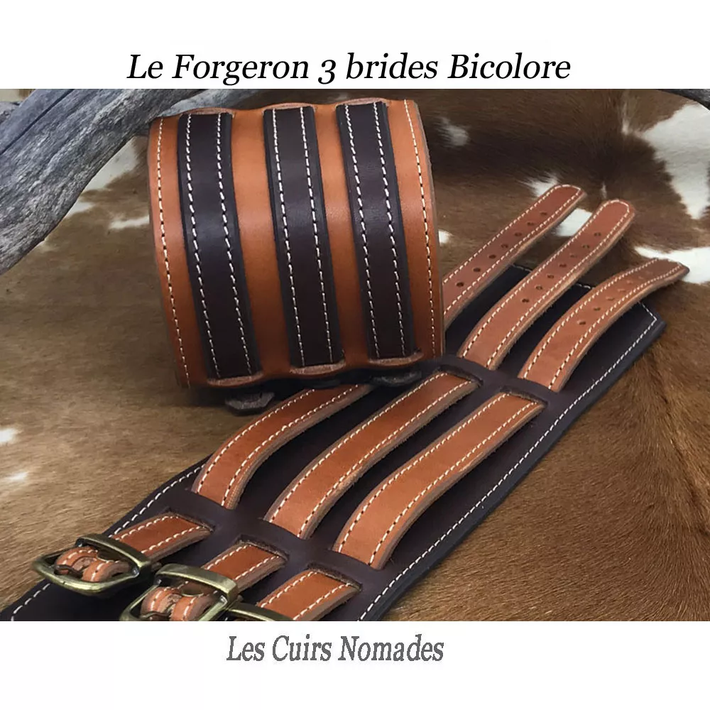 Bracelet de force cuir  LE FORGERON 3 brides - Marron/MarronFoncé 🇫🇷 – Image 3