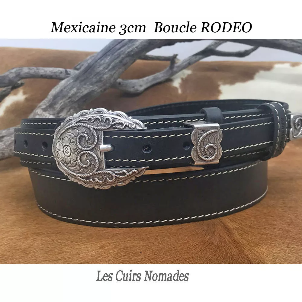 Ceinture Mexicaine cuir 3 cm Boucle RODEO Plaquée Argent 🇫🇷