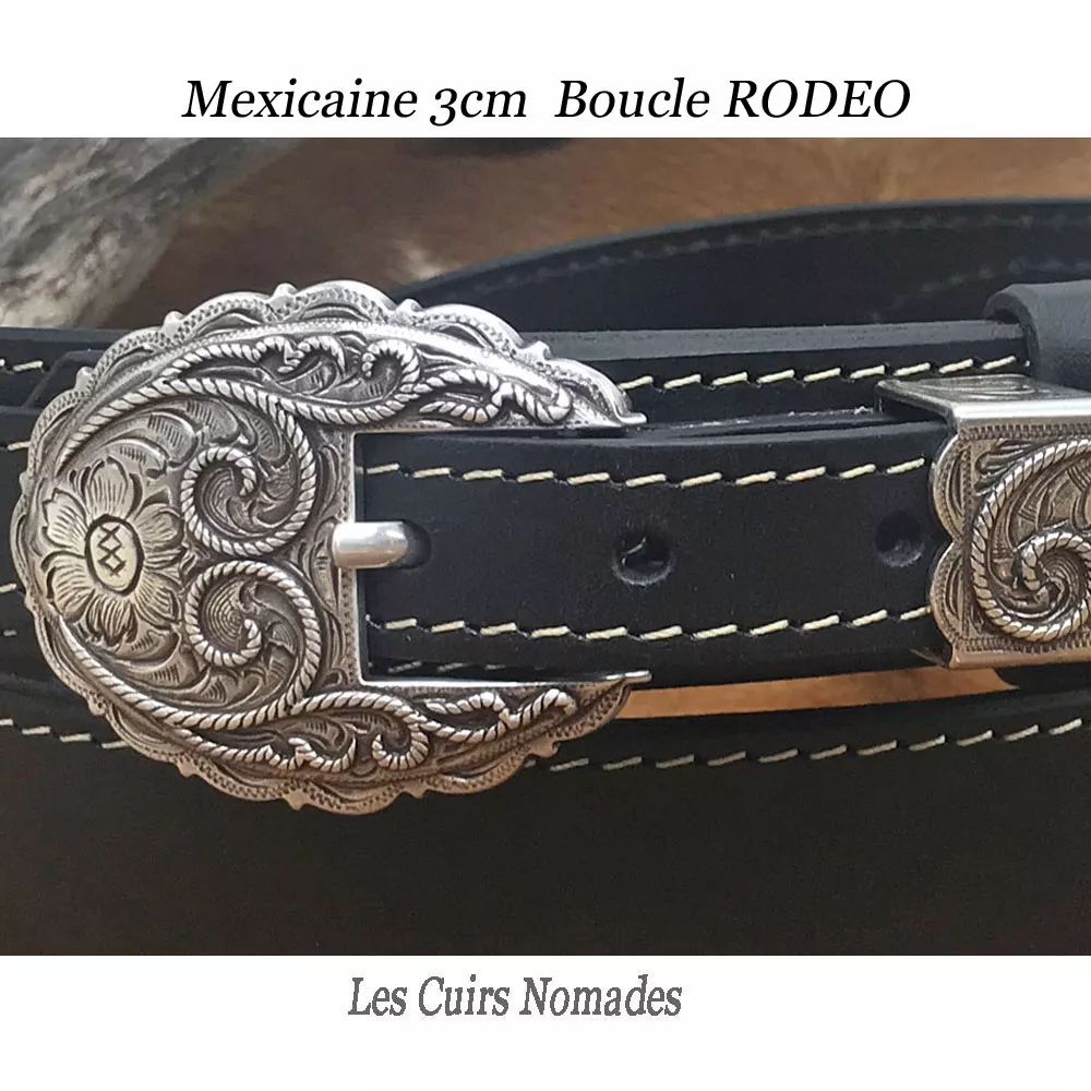 Ceinture Mexicaine cuir 3 cm Boucle RODEO Plaquée Argent 🇫🇷 – Image 3