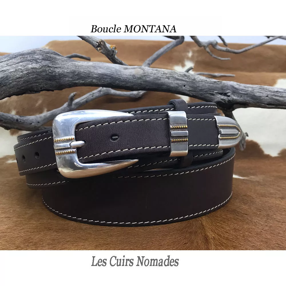 Ceinture Mexicaine cuir 4cm Boucle MONTANA Plaquée Argent - Plaquée OR