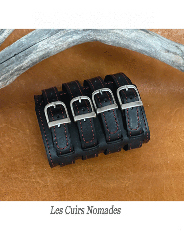 Bracelet de force cuir LE FORGERON 4 brides - Noir/Fil rouge 🇫🇷