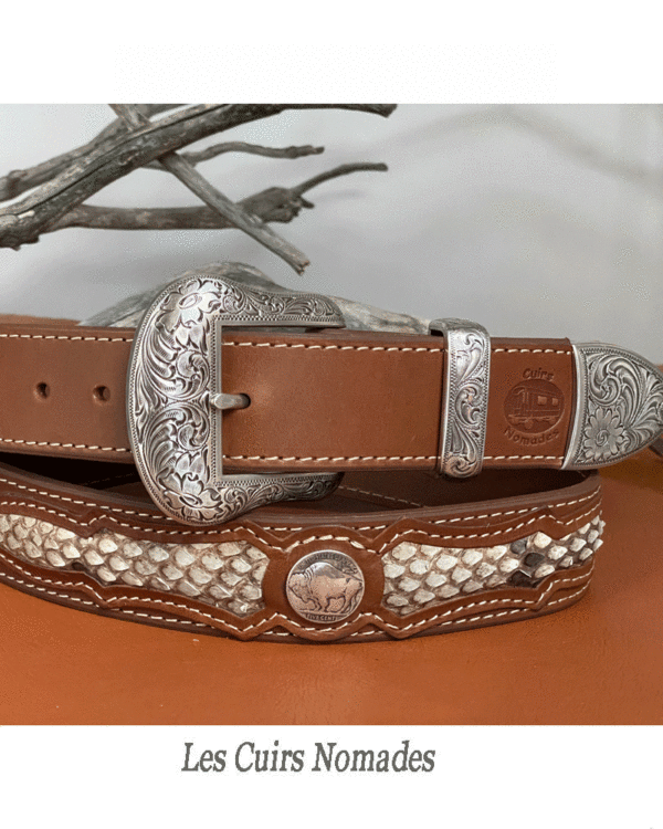 Ceinture Country cuir Boucle BUFFALO avec option Déco Python véritable 🇫🇷