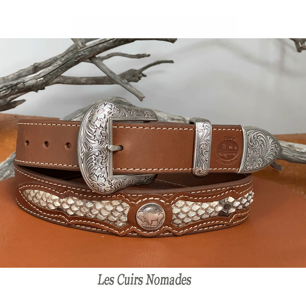Ceinture Country cuir Boucle BUFFALO avec option Déco Python véritable 🇫🇷